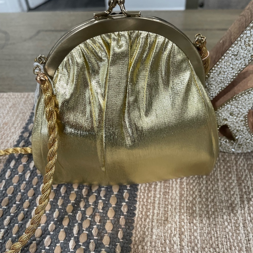 VTG 50's H L (Harry Levine) Mini Evening Gold Lame Handbag Shoulder Bag w/Amber - Picture 8 of 8